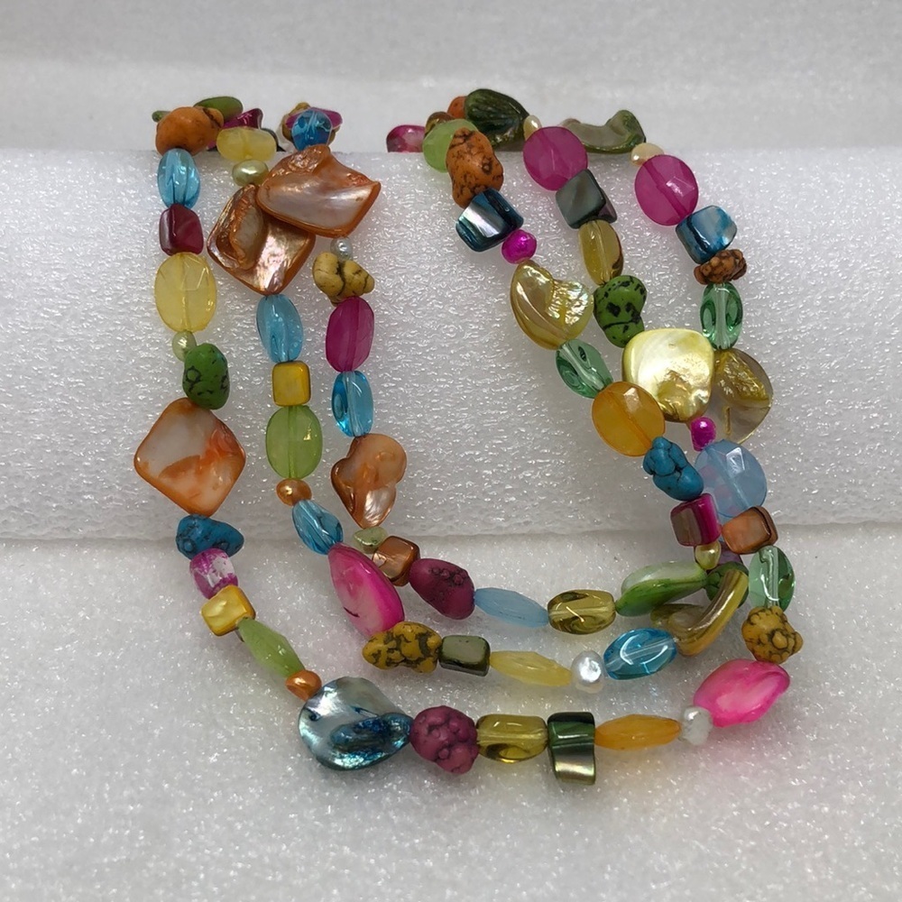 Vintage Necklace Multi Bead Shell And Glass Three Strand Colorful